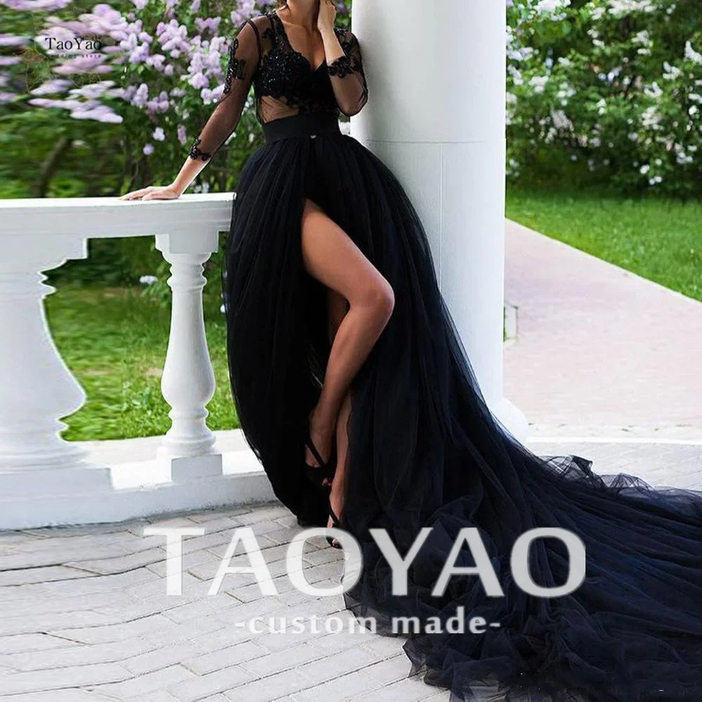 Gothic Black Evening Dress with Long Sleeves V-neck Split Applique Ball Gown Vestidos De Fiesta Dresses Woman Party Night