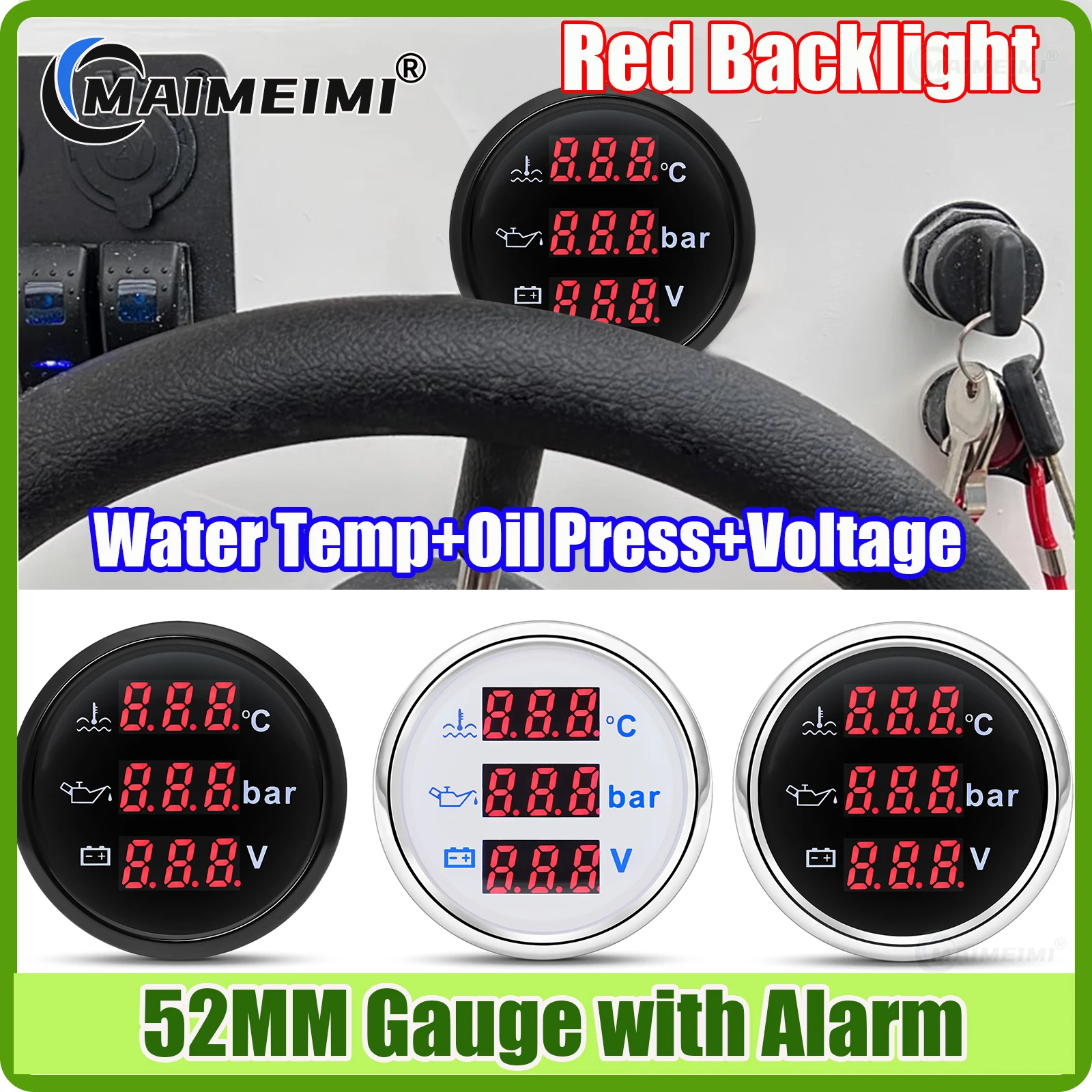 Multifunctional 52MM Gauge Digital Water Temperature/Oil Pressure Meter/Voltage with Flashing Alarm Red Backlight for Marine Car