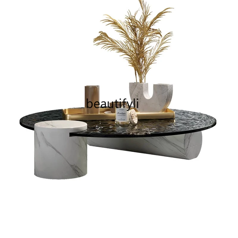 Creative round Designer Natural Marble Water Ripple Hot Melting Tempered Glass Tea Table