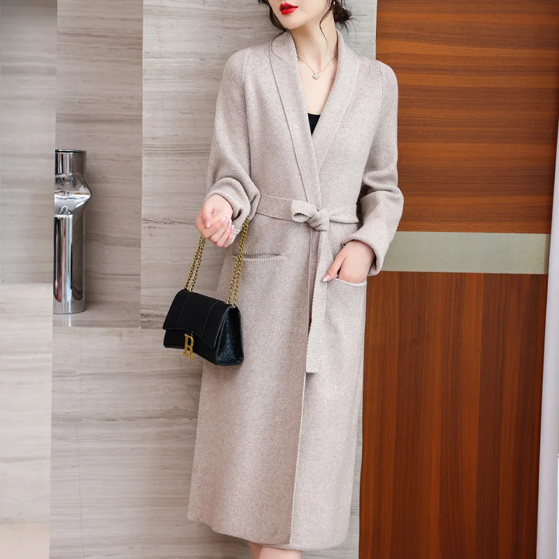 

Spring and Autumn over-the-Knee Lacing Mid-Length Sweater Coat Korean Style Loose Pure Color All-Matching Knitted Cardigan