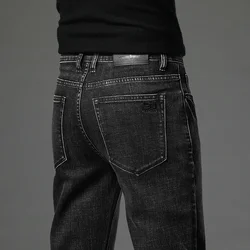 Vintage Classic Cotton Men's Casual Slim Jeans Stretch Straight Leg Versatile Fashionable Denim Long Pants Male Black Blue