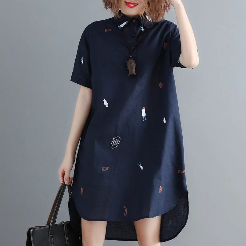 플러스 사이즈 여성 여름 느슨한 예술적 슬리밍 드레스 코튼 린넨 반소매 셔츠 드레스 스트레이트 컷 통근 스타일
