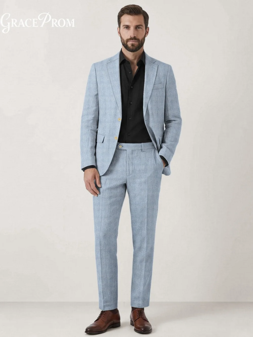 Sky Blue Linen Blend Men Suit 2PCS 2026 Single Breasted With Notched Lapel Striped Pocket Square Formal Blazer Pants Customized