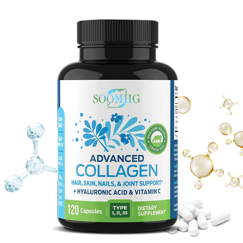 Suplemento de colágeno, tipos I, II y III, ácido hialurónico y vitamina C, promueve cabello, piel, uñas y apoyo para las articulaciones