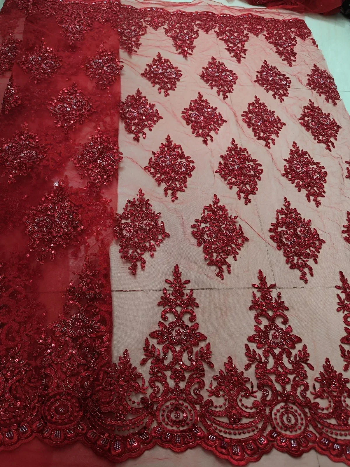 Luxury Handmade Beads Red French Tulle Lace Fabric Sequins Embroidery African Nigerian Lace Fabric For Evening Dress KWH23108