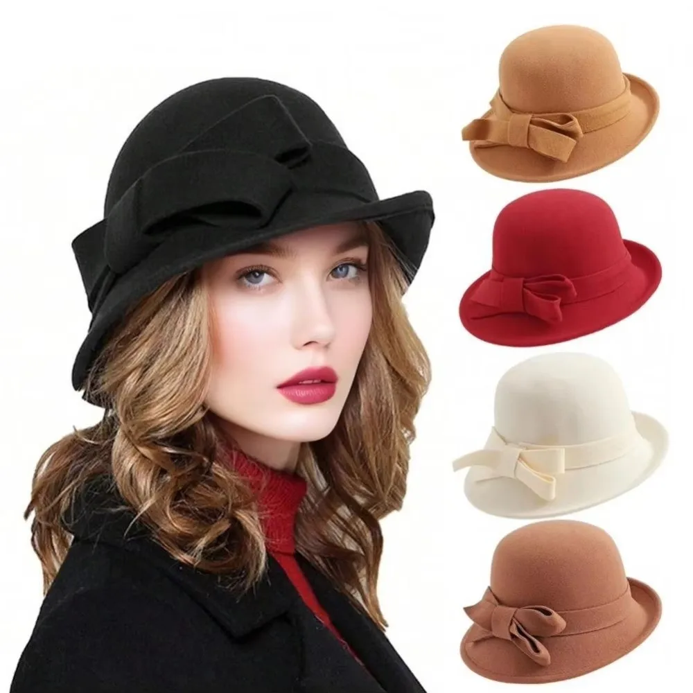 

Elegant Felt Wool Bucket Hat Bow French Style Panama Hat Cloche Fedora Cap Hepburn Style Mourning Cap Church