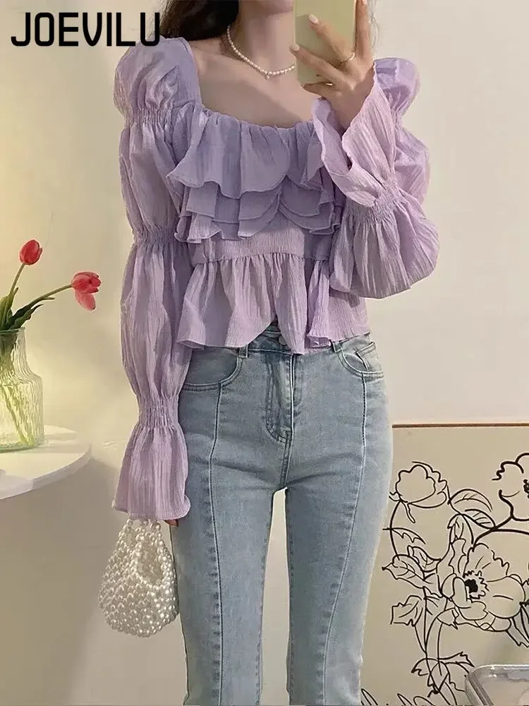 JOEVILU Purple Long Sleeve Shirt Square Collar Sweet Fairy Flared Sleeve Blouses Summer Korean Fashion Slim Fit Women\'s Tops