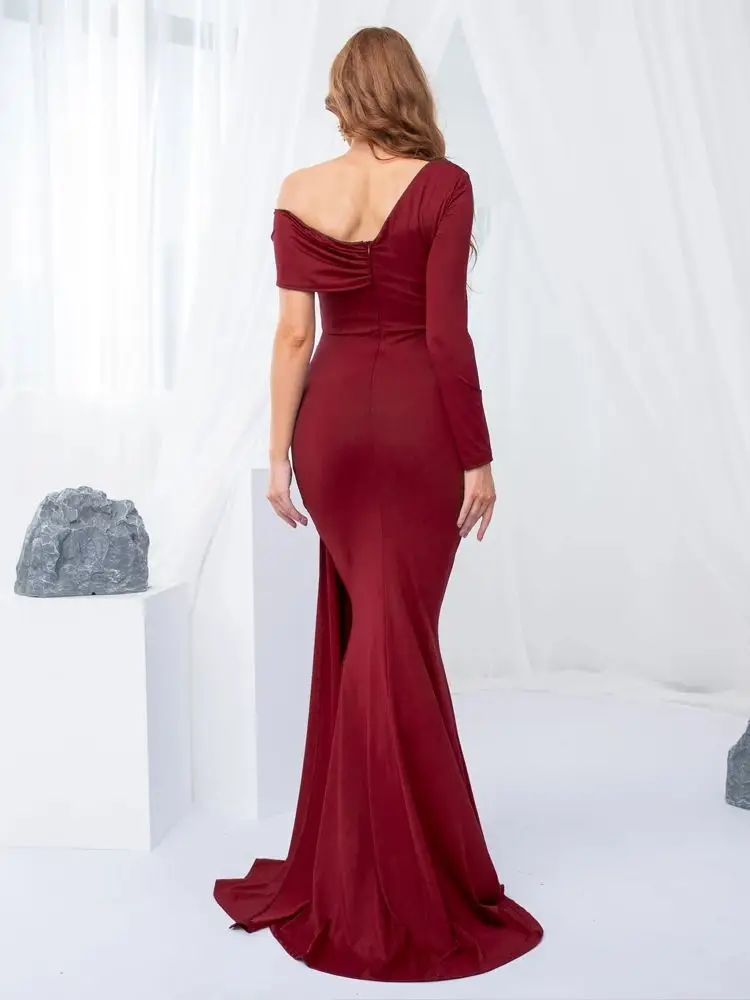 Women Pleated One Shoulder Full Sleeve Graduation Party Dress Ribbon Pad Stretch Bodycon Long Mermaid Evening Prom Gown Summer