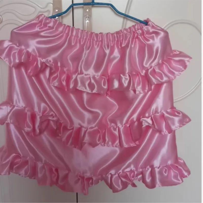 Pink Men's Half-body Sweet Cute Cake Skirt Satins Soft Silk Short Skirt Elastic Waist Sexy Sissy Cross-dressing Cosplay Costume