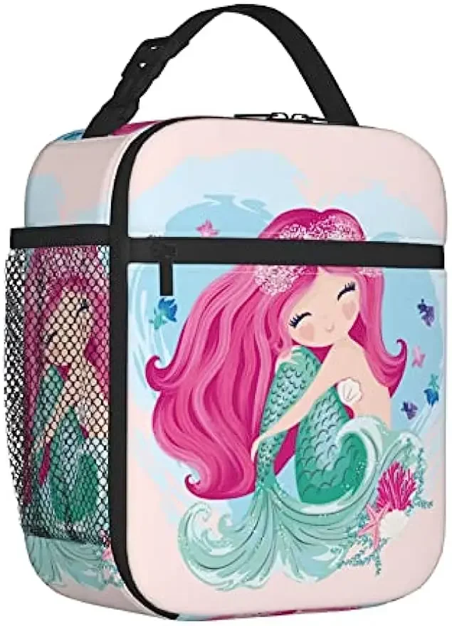 Cute Mermaid Girl Lunch Bag Insulated Portable Reusable Lunch Box With Zipper For Picnic Work Office Travel School