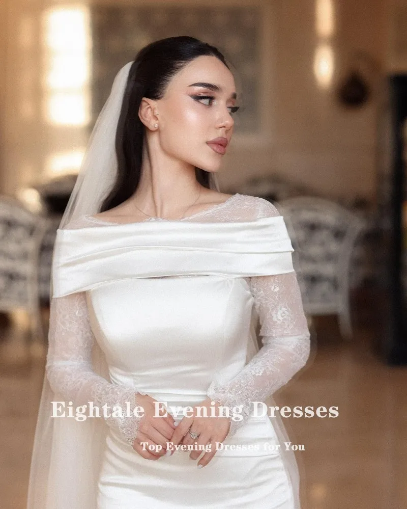 Eightale Arabic Wedding Dress Scoop Lace Customized White Ivory Satin Long Sleeves Muslim Bridal Gown Mermaid Bride Party Dress