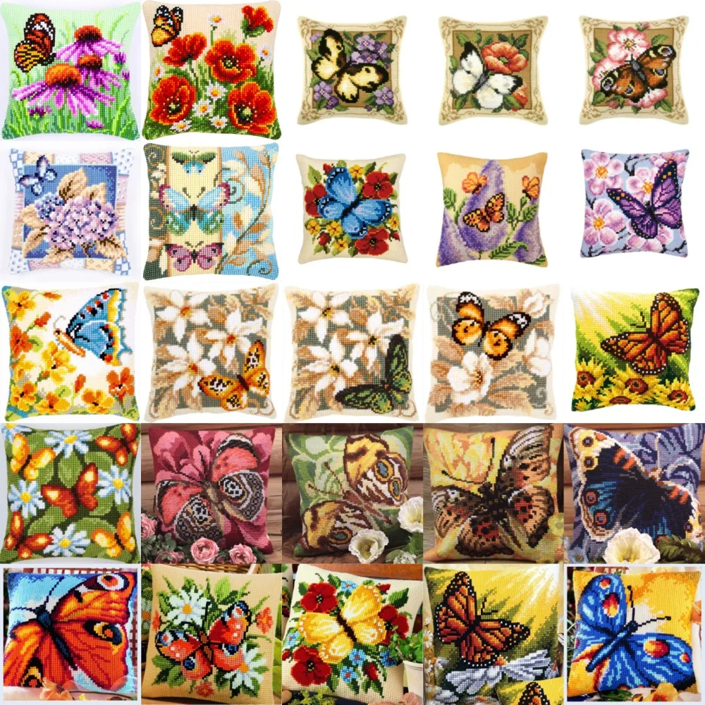 125 butterfly NEW DIY Needlework Kit  Acrylic Yarn Embroidery Pillow Tapestry Canvas Cushion Front Cross Stitch Pillowcase-