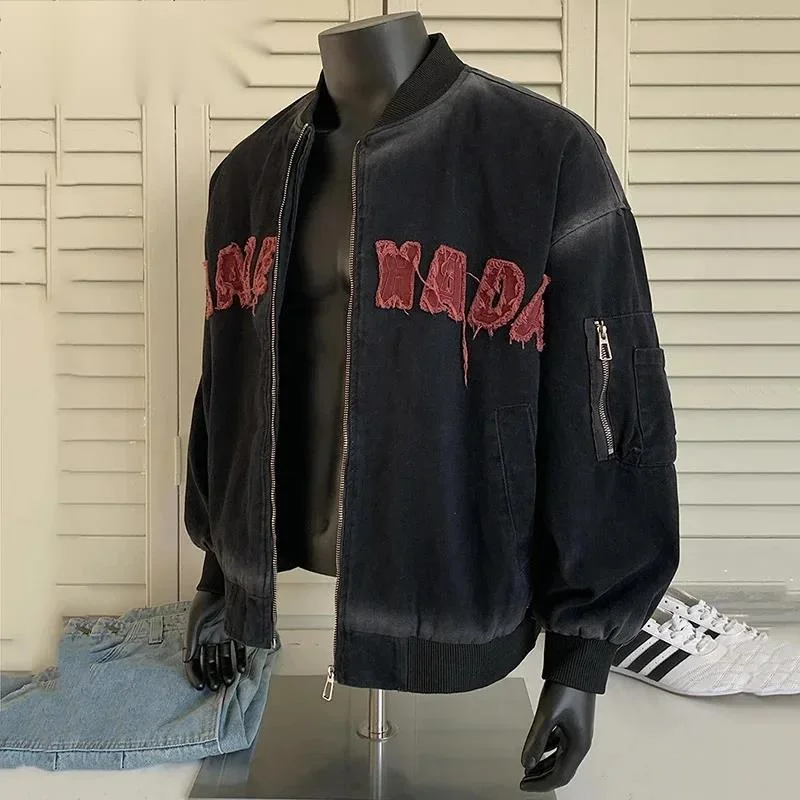 Autumn High Street American Tie-Dye Denim Embroidered Men's Jacket 2025 Vintage Male Tops Contrast 0CR5