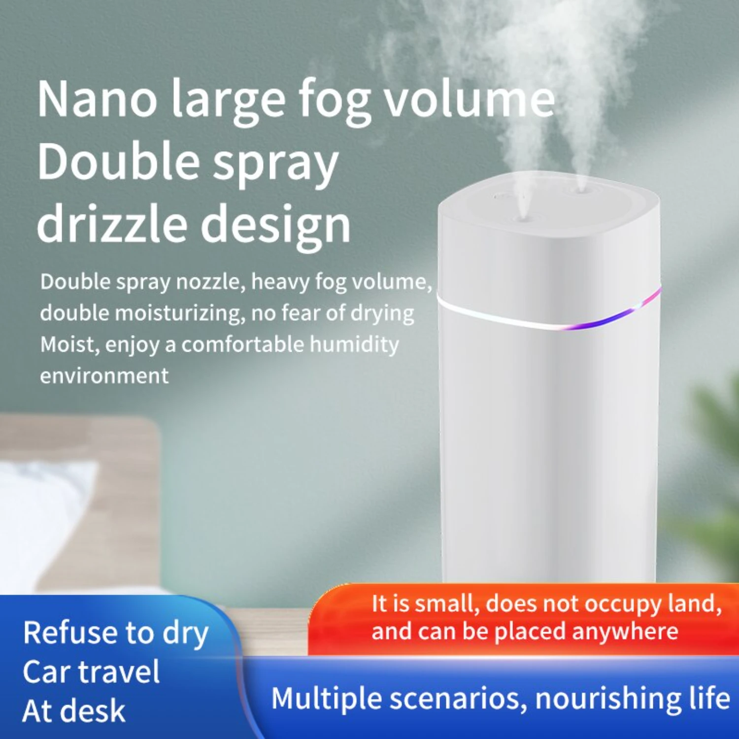 Silent and efficient USB powered dual nozzle air humidifier with 7 color ambient light for creative and effective humidification