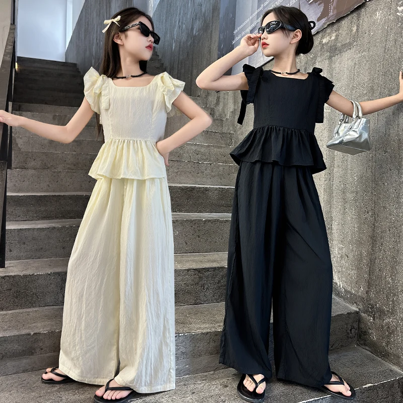 Girl Summer Fashion Outfit Cotton Flutter Sleeve Blouse Top + Pants 2 Pcs Clothes Suit Kids Child Casual Streetwear Clothing Set