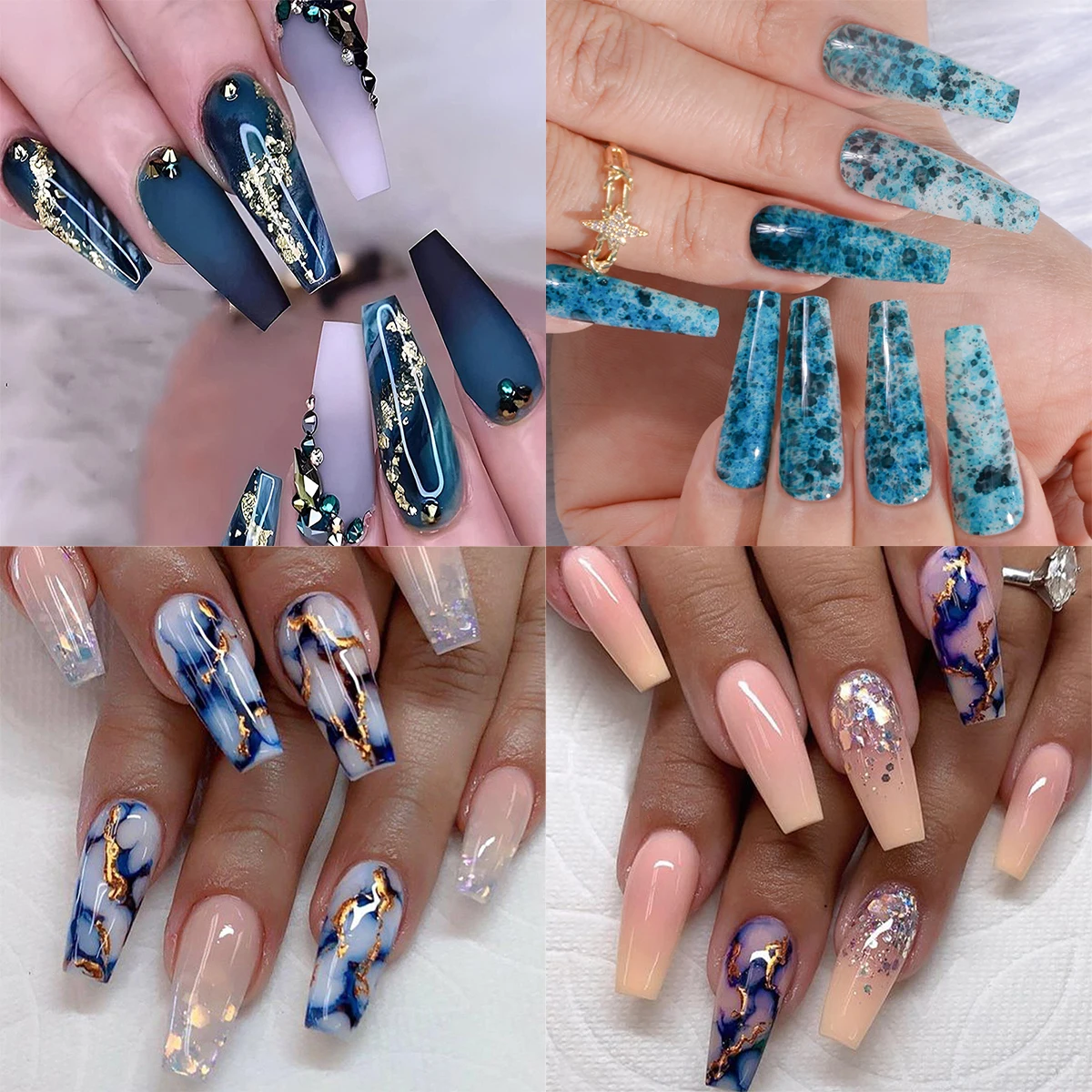 Long Press on Nails Coffin Fake Nails Dark Blue Acrylic Nails Marble False Nails Luxury Stick on Nails Full Cover Artificial Tip