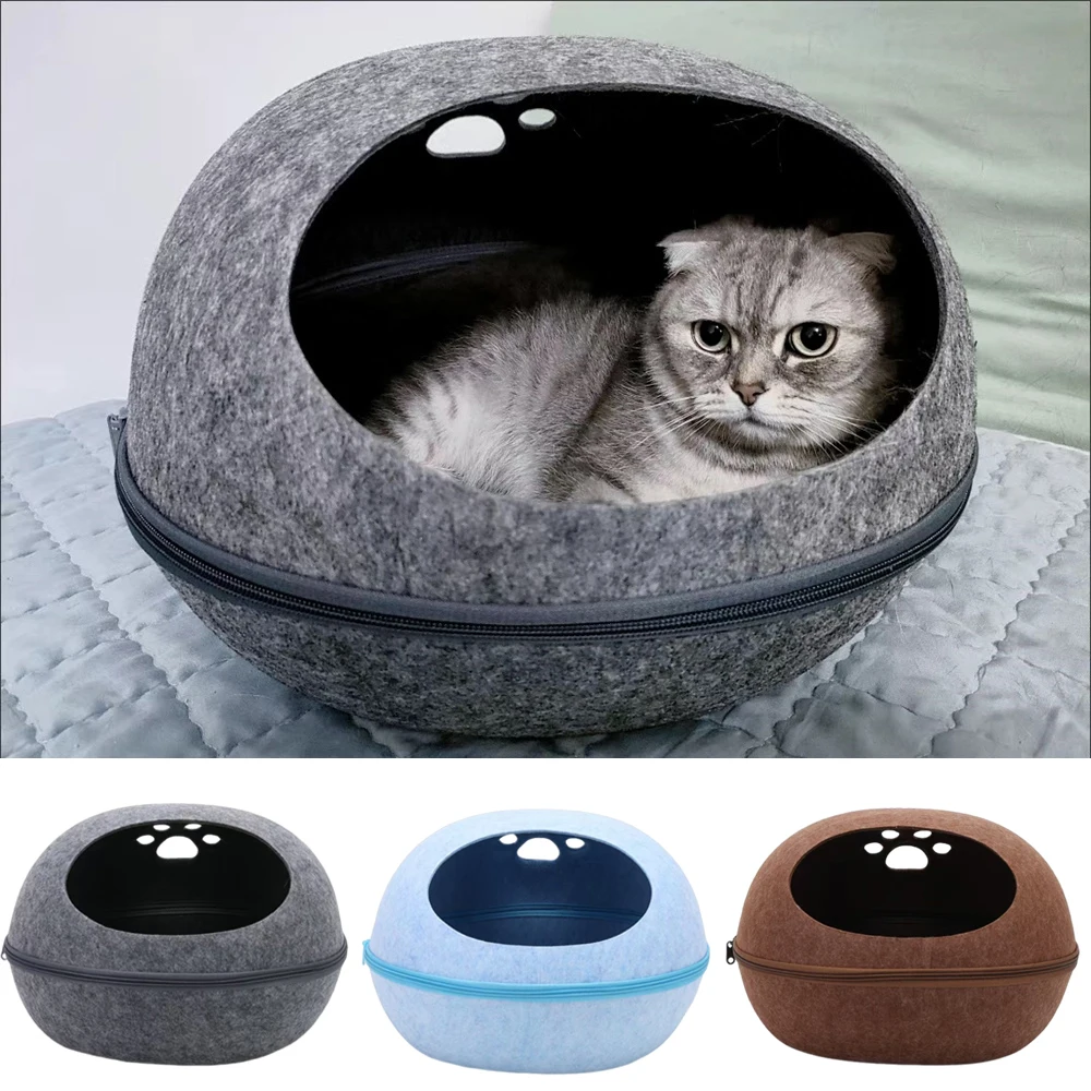 Semi Enclosed Felt Cat Nest Detachable Breathable Eggshell Pet House for Cats Gotas Mascotas Home Autumn Spring Puppy Cat Beds