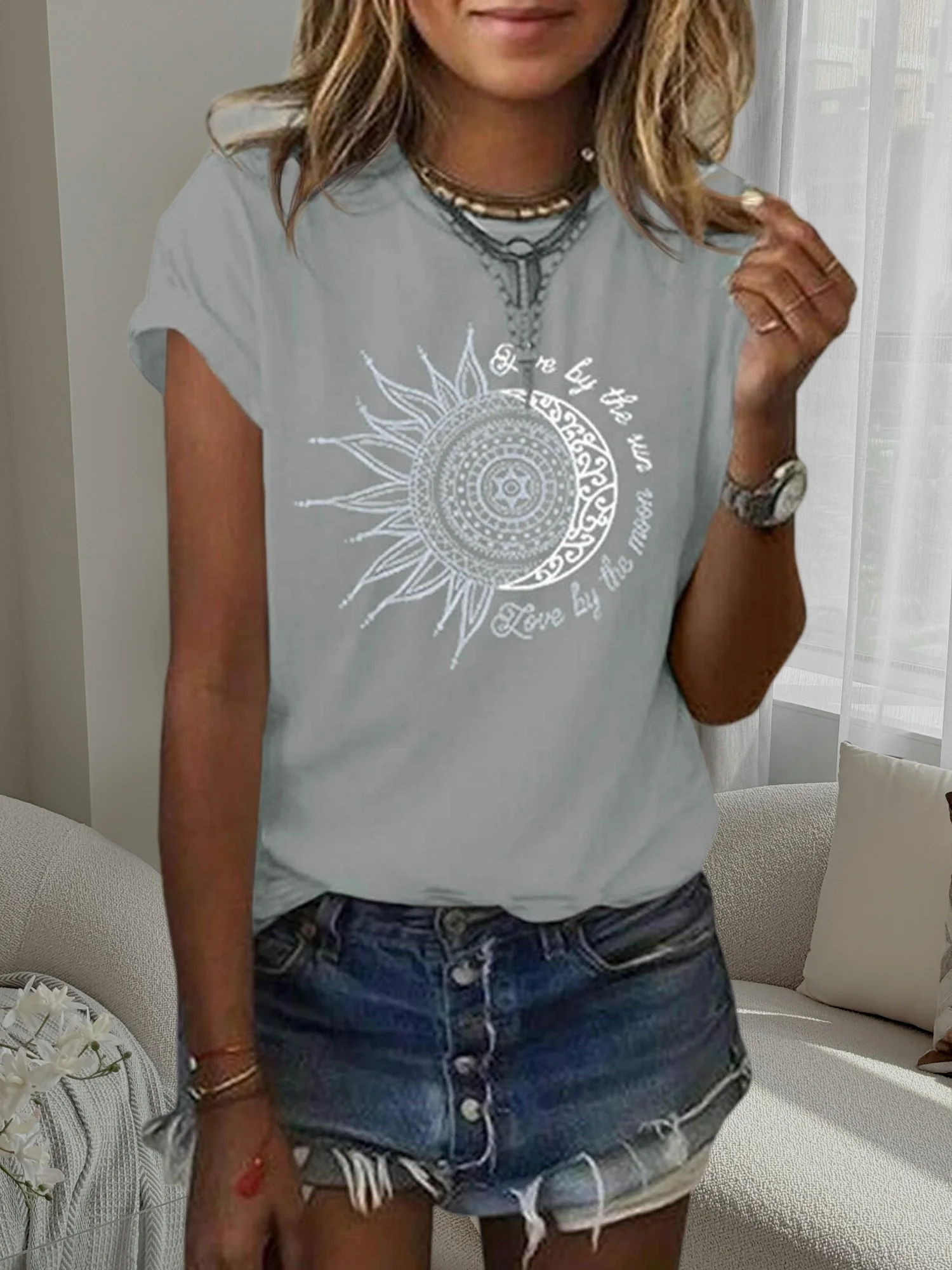 レディース サマー ヴィンテージ サン＆ムーン グラフィック Tシャツ 半袖 カジュアル ルーズ プリント トップス