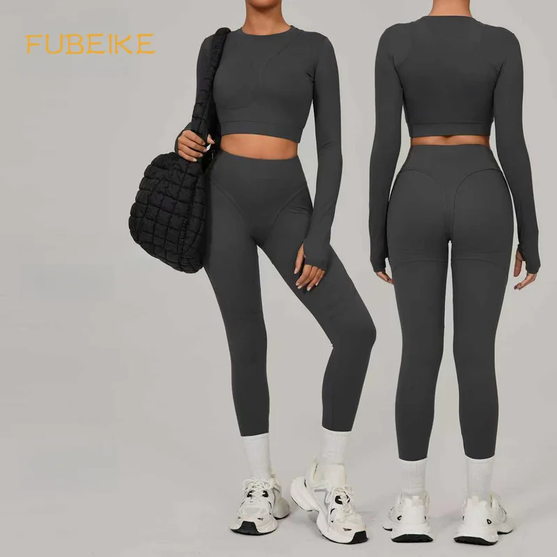 Women Yoga Outfit 2 Piece Set Tight Fitting Quick Dry Long Sleeve Crop Top High Waist Hip Lifting Leggings Warm Fitness Suit
