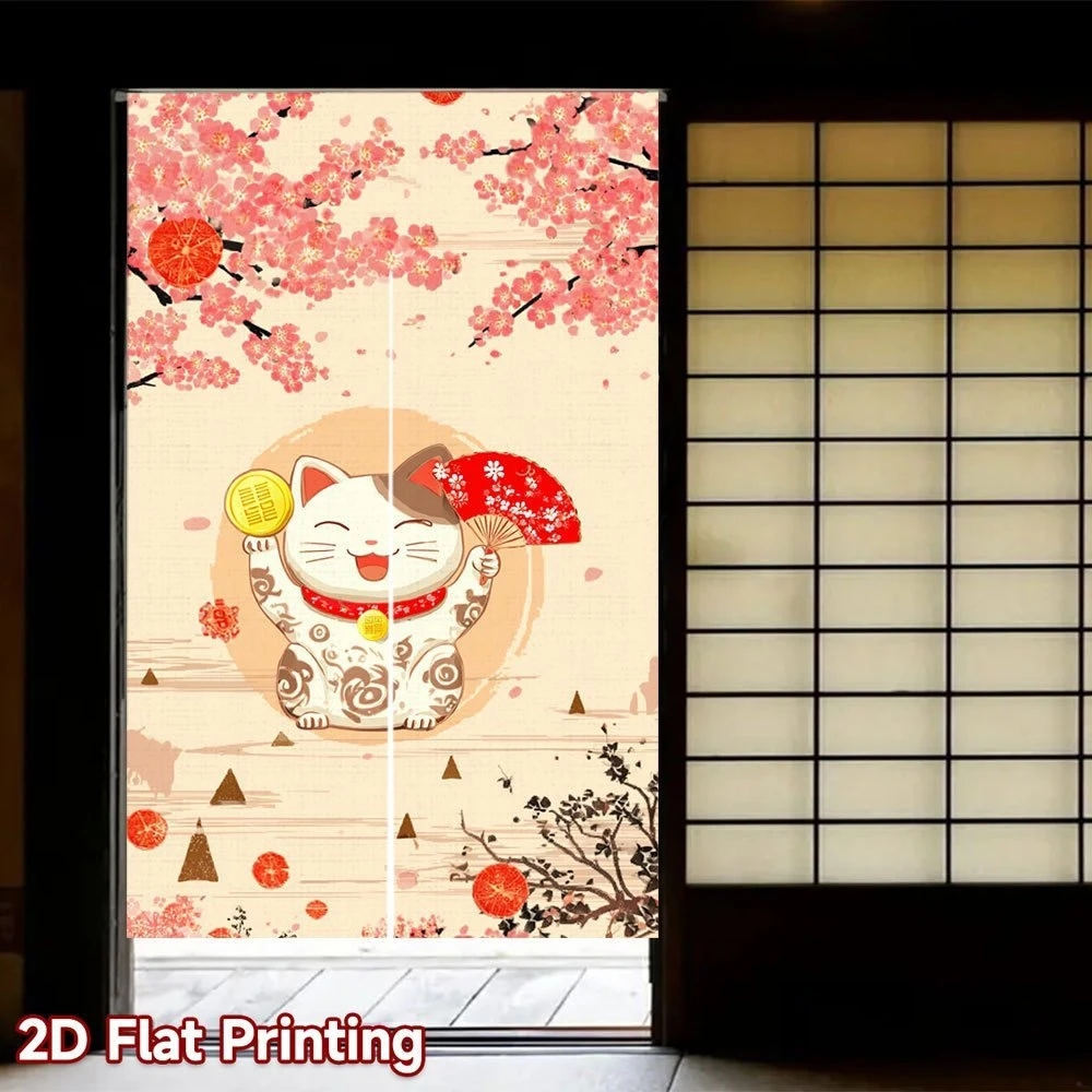 VIKAMA Japanese Maneki-neko Door Curtain, Split-Panel Half-Curtain for Bedroom Entrance, Kitchen Room Divider Curtain