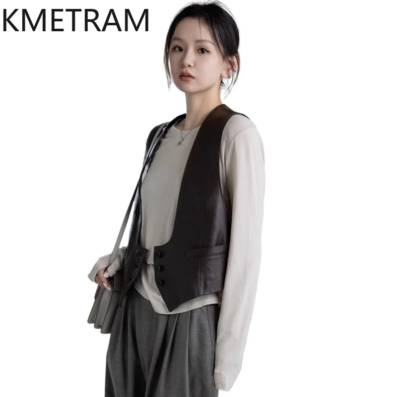KMETRAM U-förmige Weste aus natürlichem Schaffell, kurz, neue Echtlederjacke, 2025, Herbstmäntel für Damen, Lederjacke Damen Ees Leder