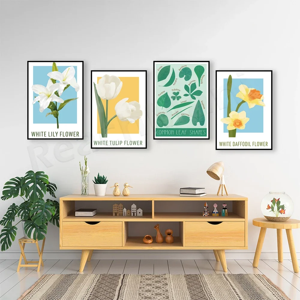 Spring tulips, spring daffodils, spring lilies, white flower print, flower nursery art, leaf print, educational leaf poster