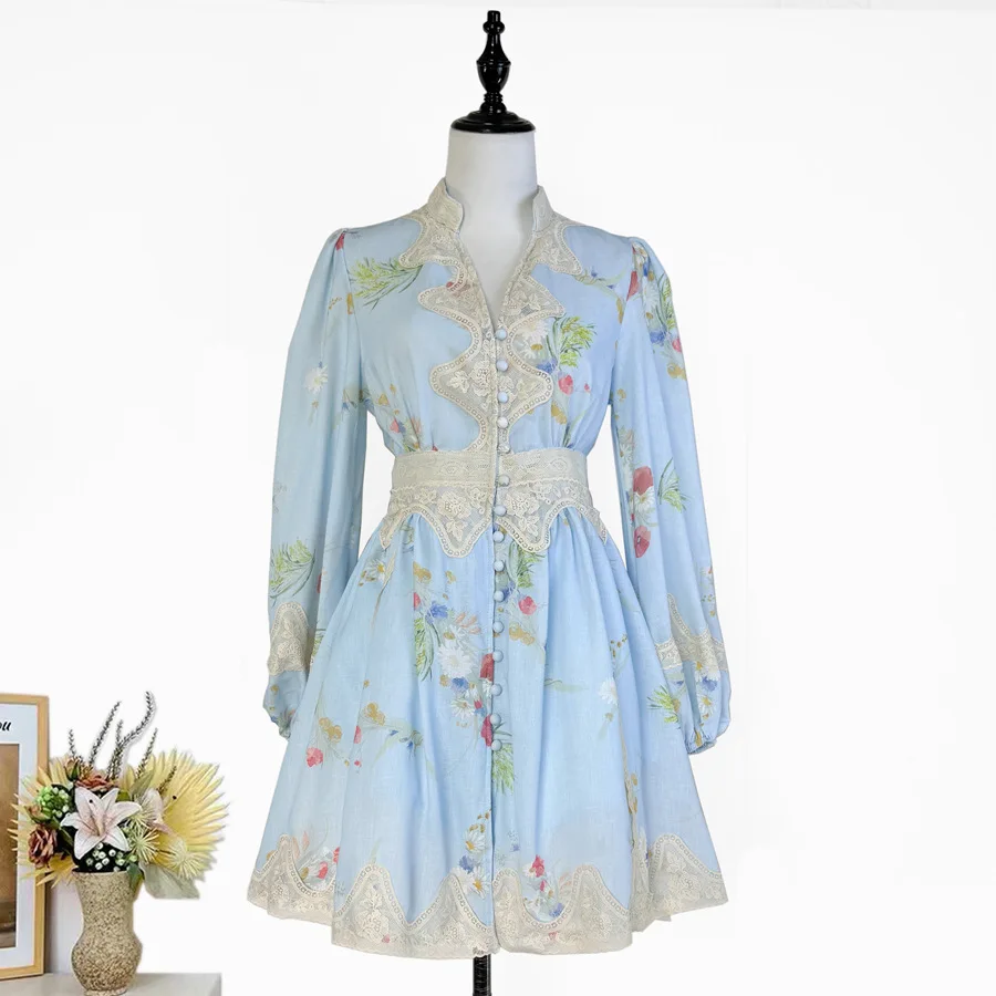 

Women's Dress Printed Lace Short Skirt V-Neck Long Sleeve Waist