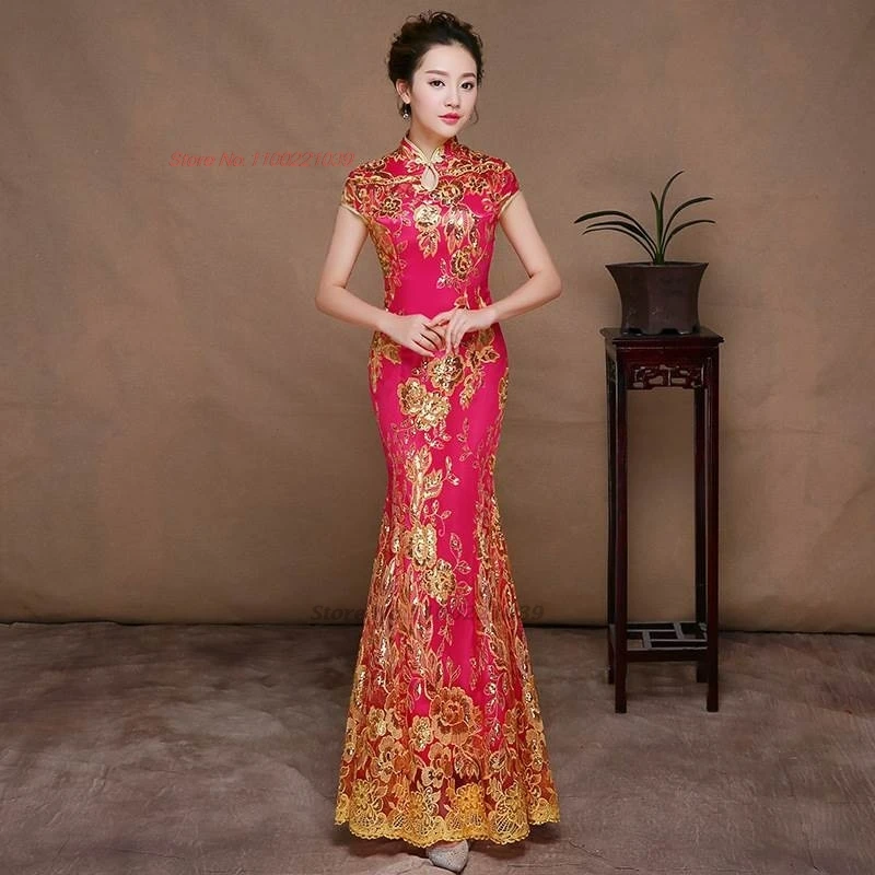 2026 chinese traditional dress cheongsam national flower embroidery improved lace qipao wedding banquet evening dress qipao