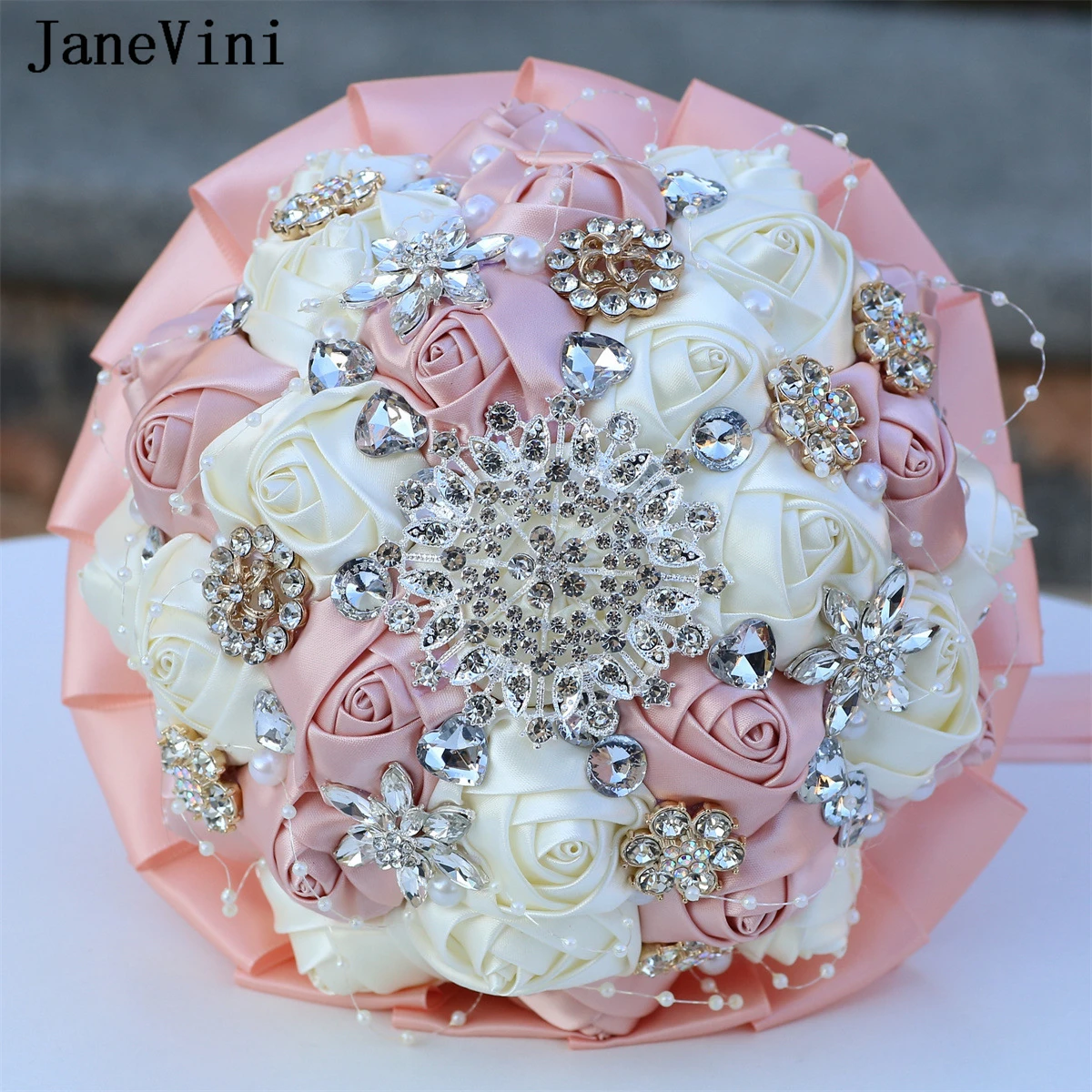 JaneVini-Bouquets de mariage perlés avec biscuits de luxe, rose clair, bleu rose, perle blanche, patients, fleurs à la main, Ramo Flores Novia