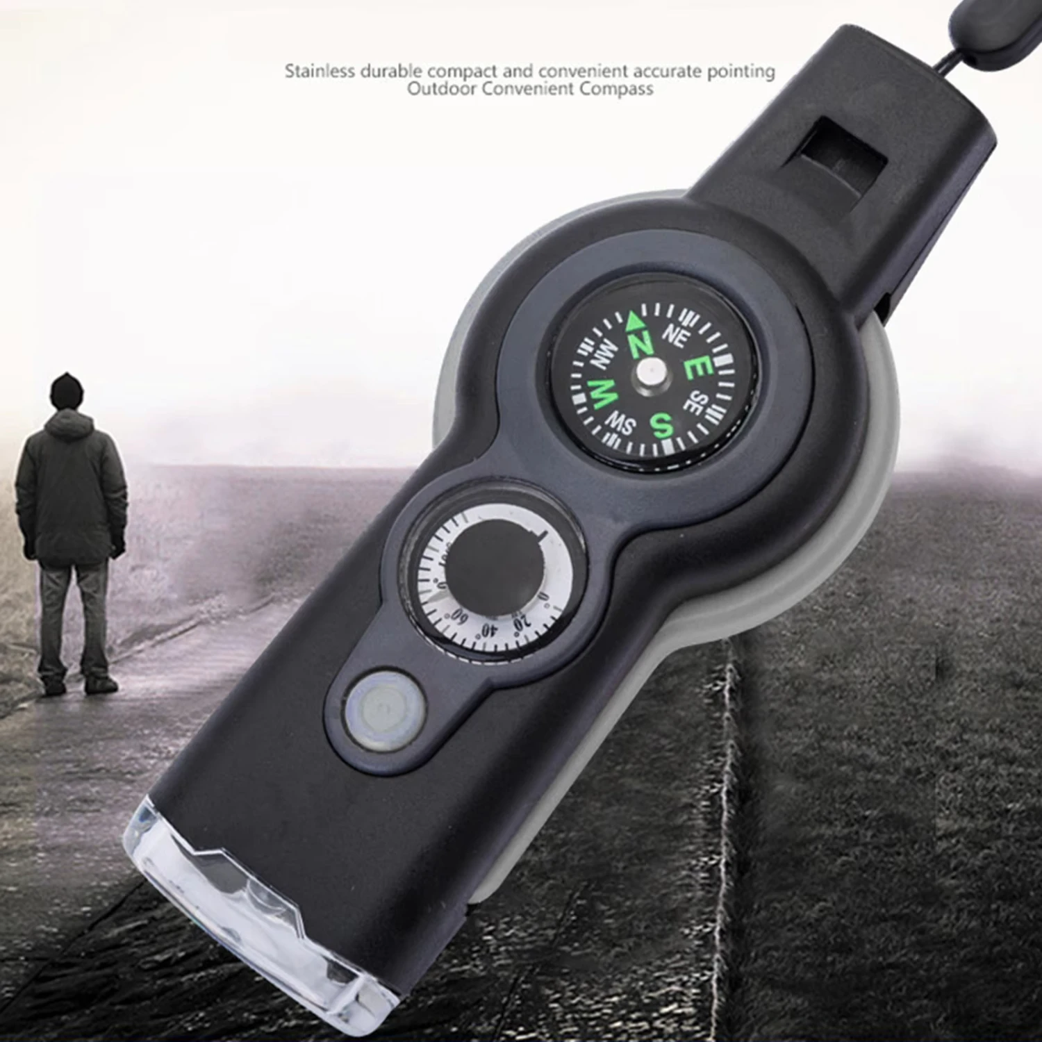 7in1 Emergency Survival Hiking Safety Whistle & Magnifier Flashlight Compass Outdoor Tools