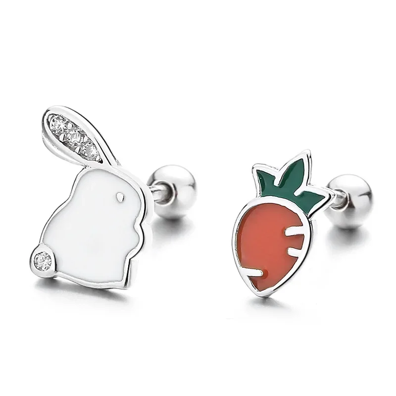 S925 Sterling Silver Cute Crystal Rabbit Carrot Thread Stud Earrings For Women Kids Studant Party Jewelry Gift Female Pendientes