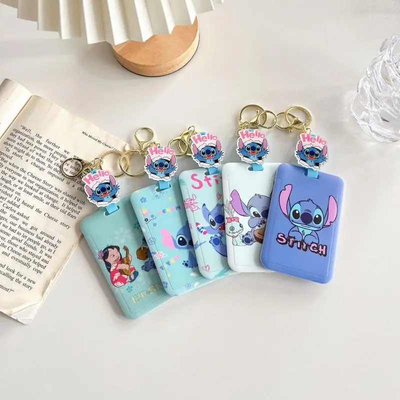 Kawaii Disney Stitch Card Holders Keychain Pendant Id Card Door Badge Card Case Sliding Telescopic Anti-Loss Cartoon Girls Gift