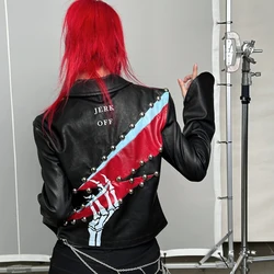 American Retro Print Studded Faux Leather Coat Female Fashion Slim Design Jacket for Women Harajuku Hip Hop Y2k Leather Outwears