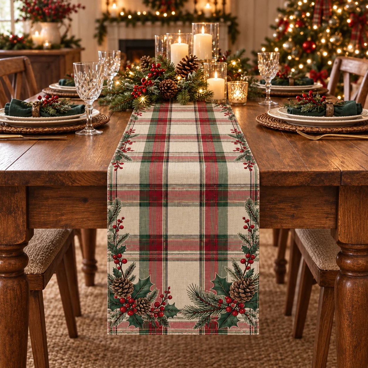 Christmas Table Runner Red Green Plaid Tartan Holiday Tablecloth Pine Cone Holly Berry Dining Table Decor