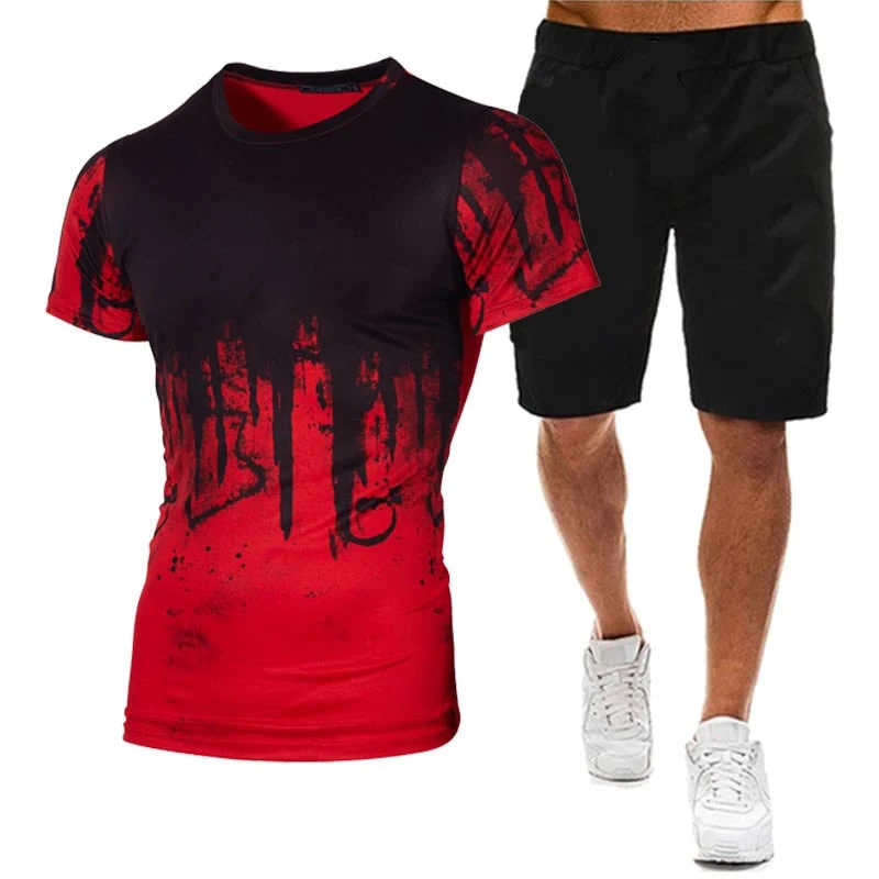 Fashion Summer Men\'s Sports Suit Cotton Print T-shirt Shorts Comfortable Short-sleeved Shorts 5 Colors