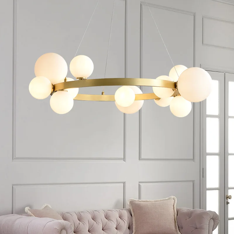 Moden Simple Gold Ring-shaped LED Chandelier White Glass Ball Pendant Light Living Room Bedroom Restaurant Kitchen Hanging Lamp