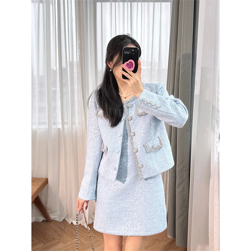 2024 Early Spring Blue Dress Women's New Round Neck Sequin Diamonds Hanging Strap Off The Waist Dresses Female Clothing