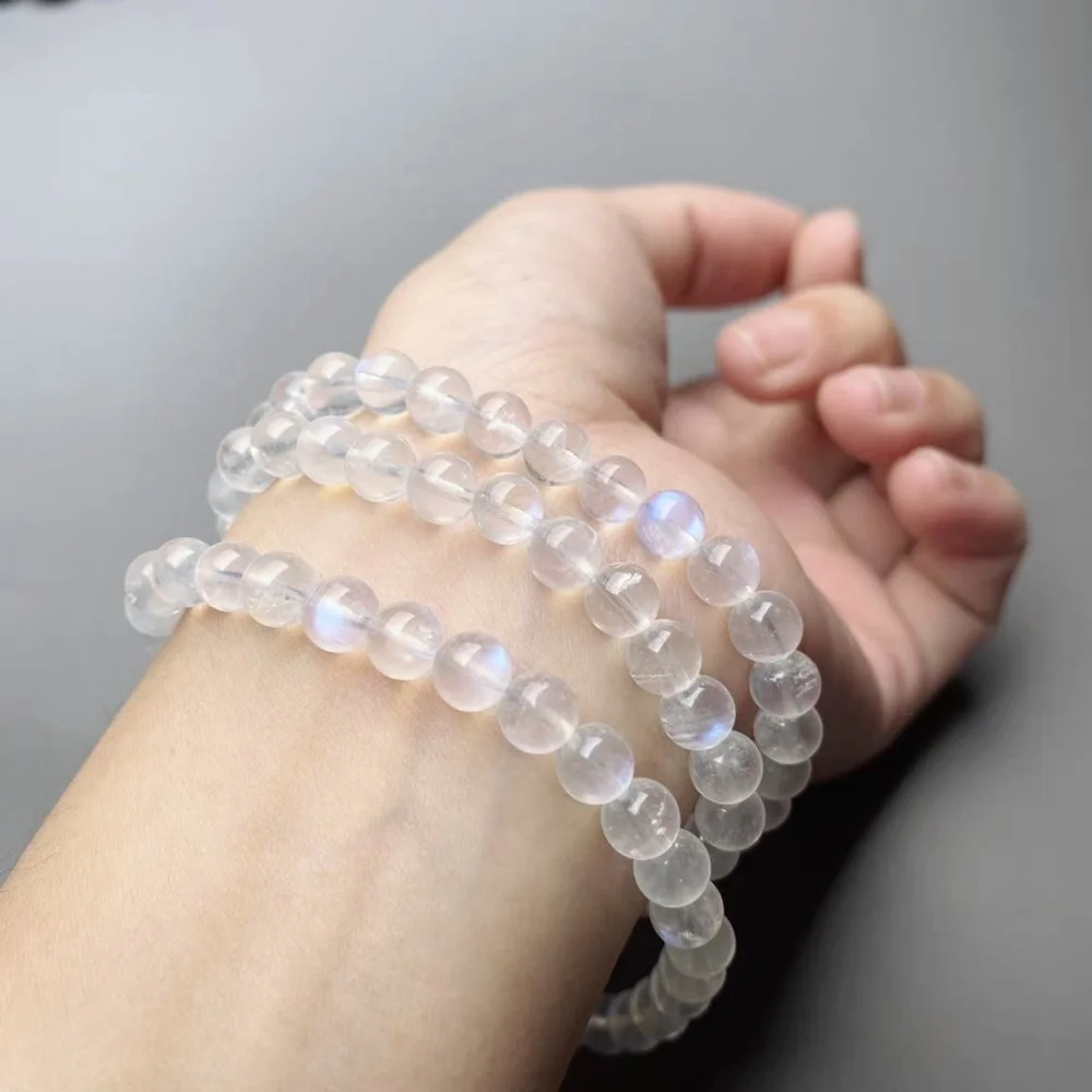 

Natural Blue Moonstone Round Bead Strand Bracelets Women Men Charm Blue Flash Beads Luxury Energy Elastic Wrist Yoga Jewelry