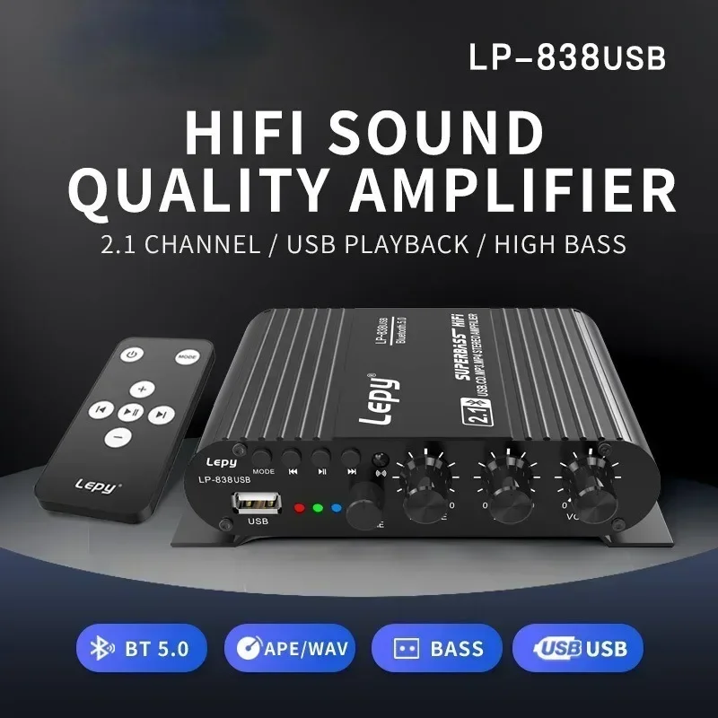 Audio Amplifier LEPY838USB Bluetooth Subwoofer Amplifier Computer 12V Car Home Amplifier U Disk Lossless Music 2.1 Channel HiFi