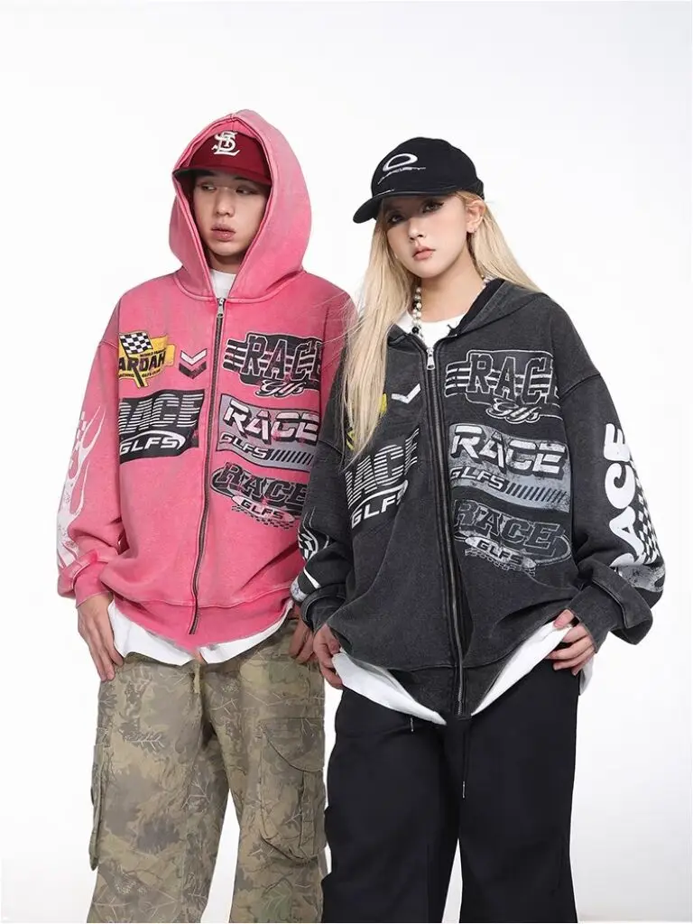 

Original American retro vintage vintage loose motorcycle slogan men and women cardigans hooded sweatshirts zippered jackets