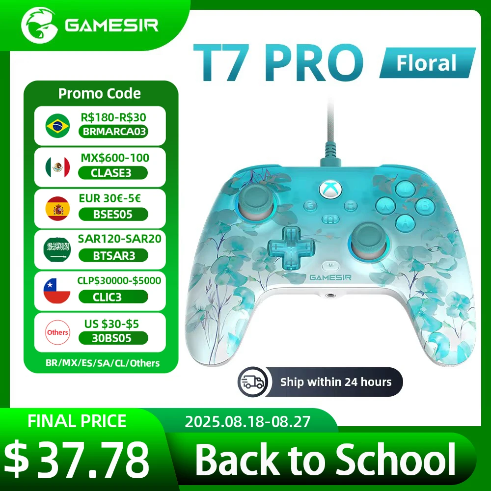 GameSir T7 Pro Floral Xbox Gaming Controller Gamepad con cable para Xbox Series X, S, Xbox One, con gatillo de palanca de mando de efecto Hall