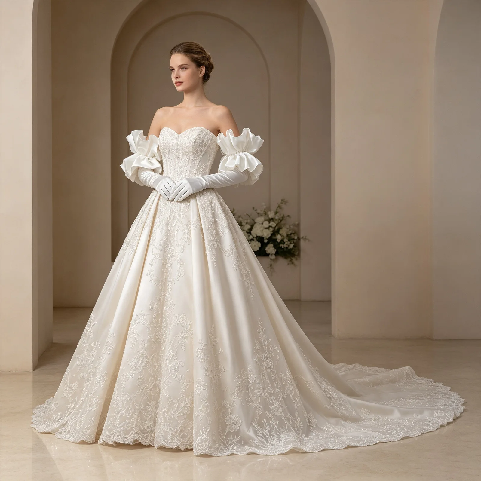 55Cm long forged ruffle edge gloves bridal wedding dress gloves wedding photo studio