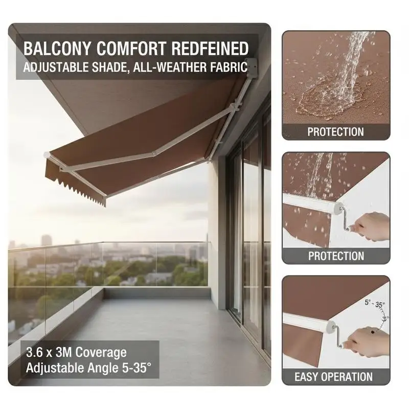 Einziehbare Außenmarkise Rostfreier Aluminiumrahmen Polyester Manuelle Kurbel-Bedienung Wandmontierte Markise für Terrasse Balkon Café