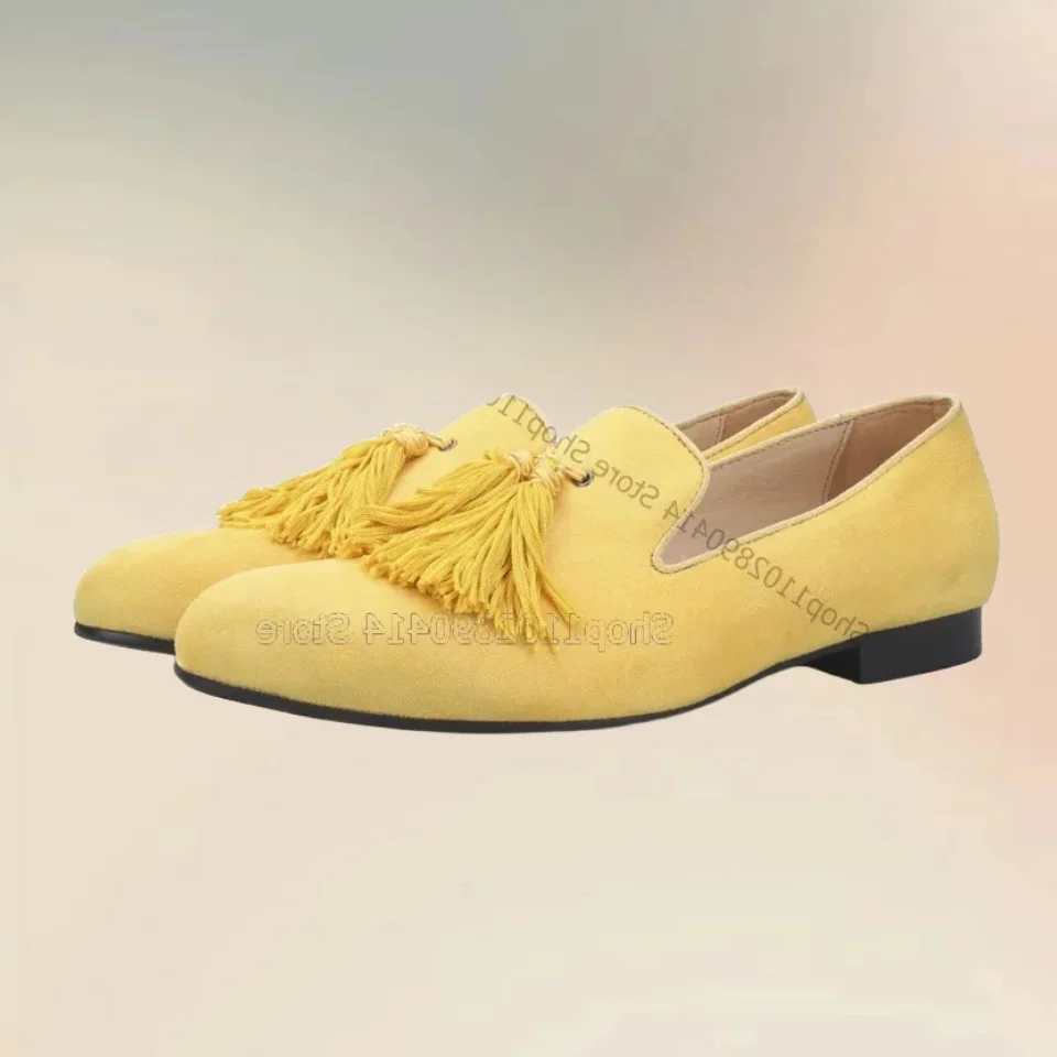 

Yellow Tassels Decor Velvet Men Loafers Fashion Slip On Men Casual Shoes Luxury Handcraft Party Banquet Wedding Men Dress Shoes