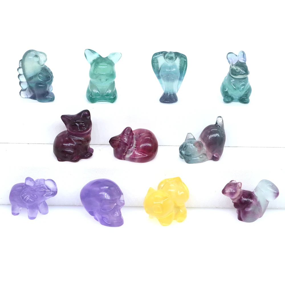 Mini Fluorite Carvings Animal Figurine Cat Elephant Rabbit Squirrel Cartoon Fantastic Statue Crafts Healing Crystal Home Decor