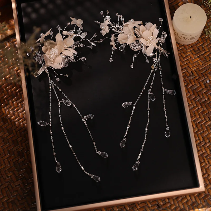 Beautiful bridal tiara Korean style flower super fairy handmade crystal fringed hairpin earring set for marriage