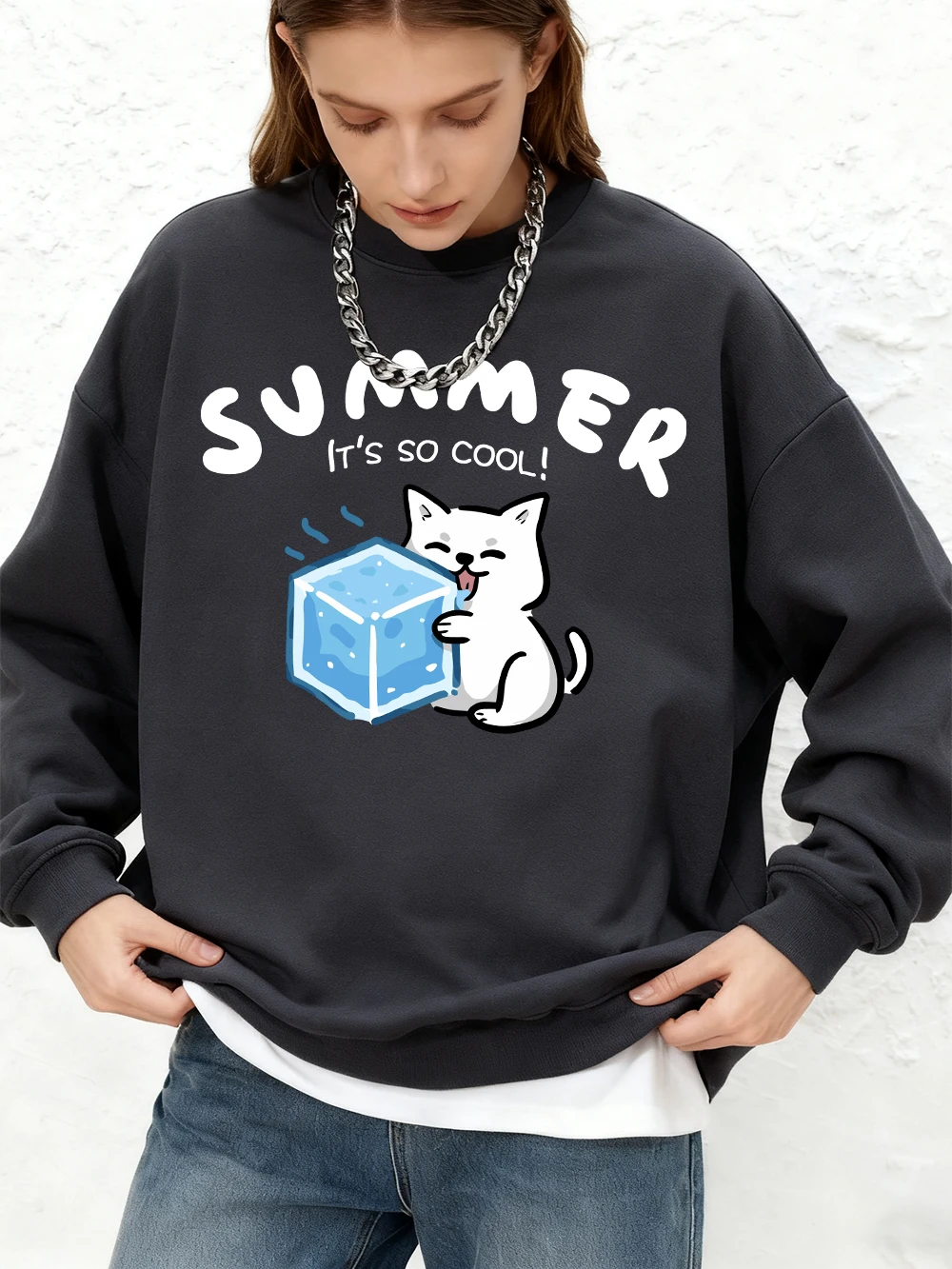 

Толстовки с принтом кота It'S So Cool, женские зимние теплые толстовки для бега, повседневный пуловер большого размера с круглым вырезом и длинными рукавами, женская одежда