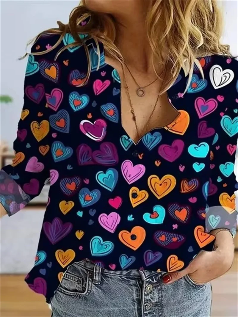 Love heart Pattern Print Women\'s Blouses Fashion Elegant Lapel Long Sleeve Shirt Spring New 2025 Women\'s Single Breasted Shirts
