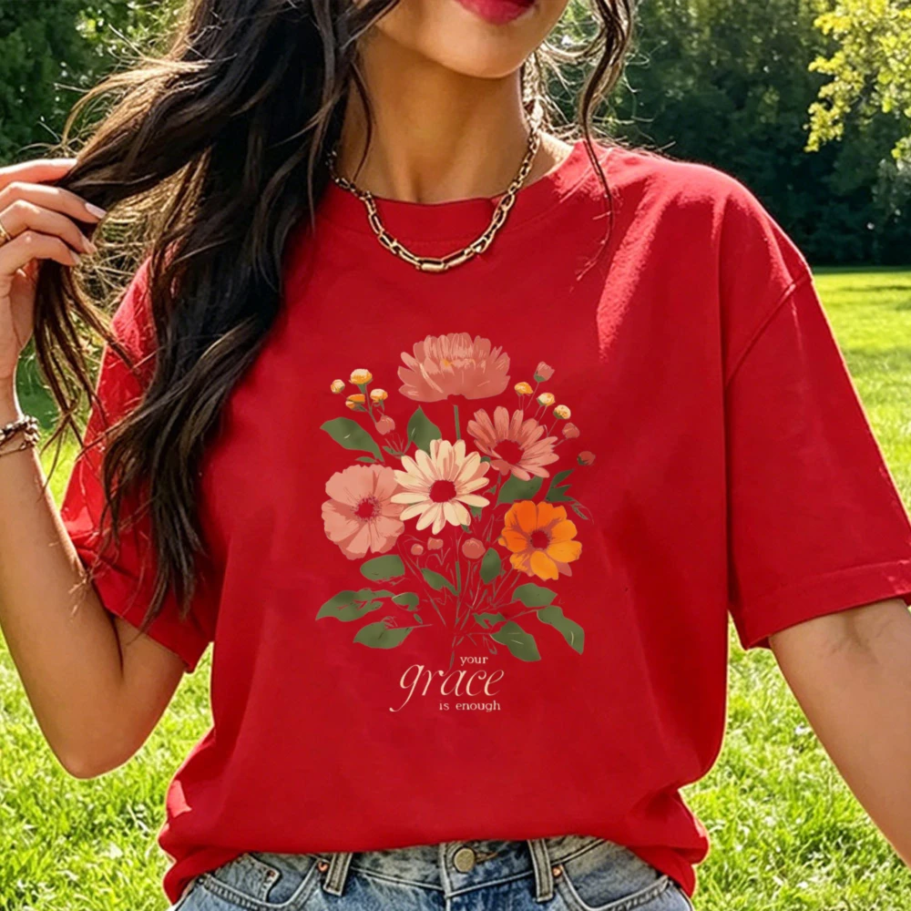 Floral Christian T-Shirt Your Grace is Enough Unisex Crewneck Cotton Tees Women Cotton Tshirt Scripture Botanical Lounge Tops