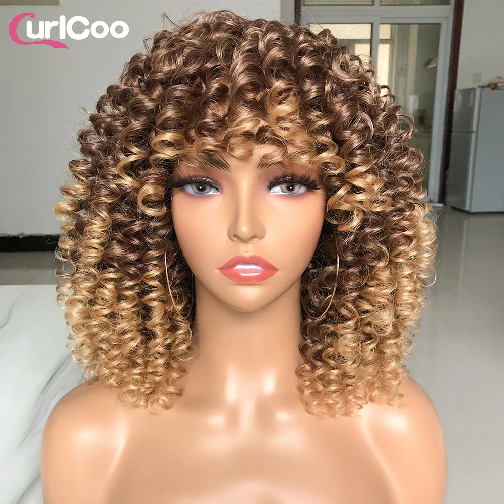 Short Hair Afro Kinky Curly Wigs With Bangs For Black Women Fluffy Synthetic Ombre Cosplay Natural highlight Blonde Wig